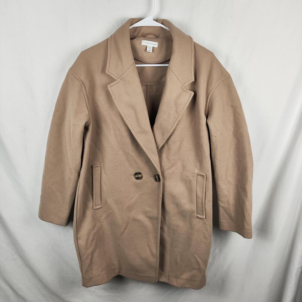 Topshop Coat Womens 8 Beige Twill Single Breasted Overcoat Lined Classic